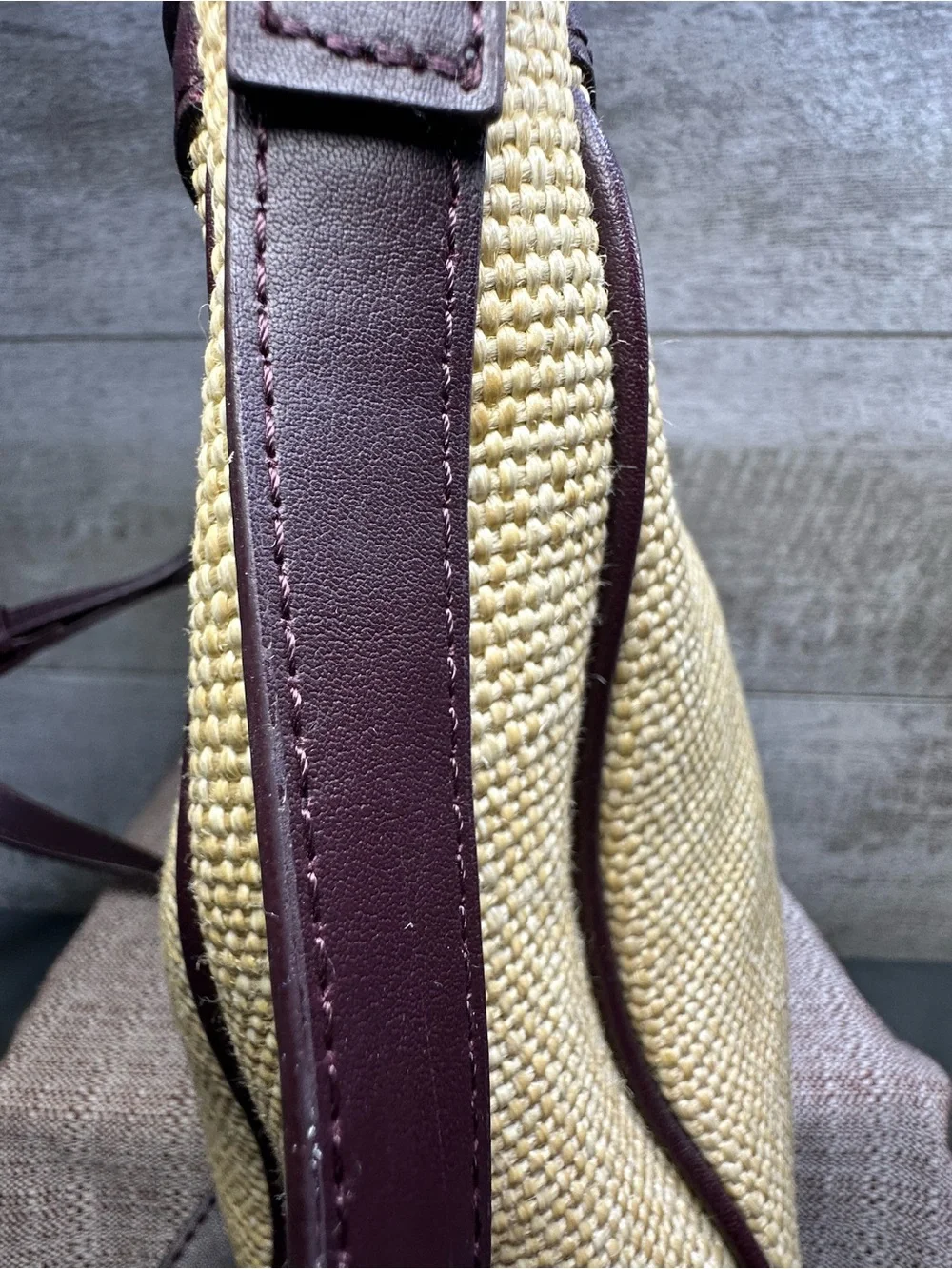 VTG Etienne Aigner Light Tan Woven Fabric & Brown Leather Shoulder Bag Purse